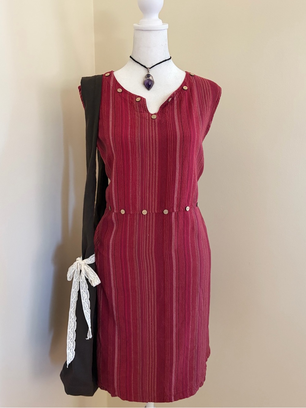 Vintage Y2K linen grunge babydoll mini dress cottagecore boho summer red 90s XL